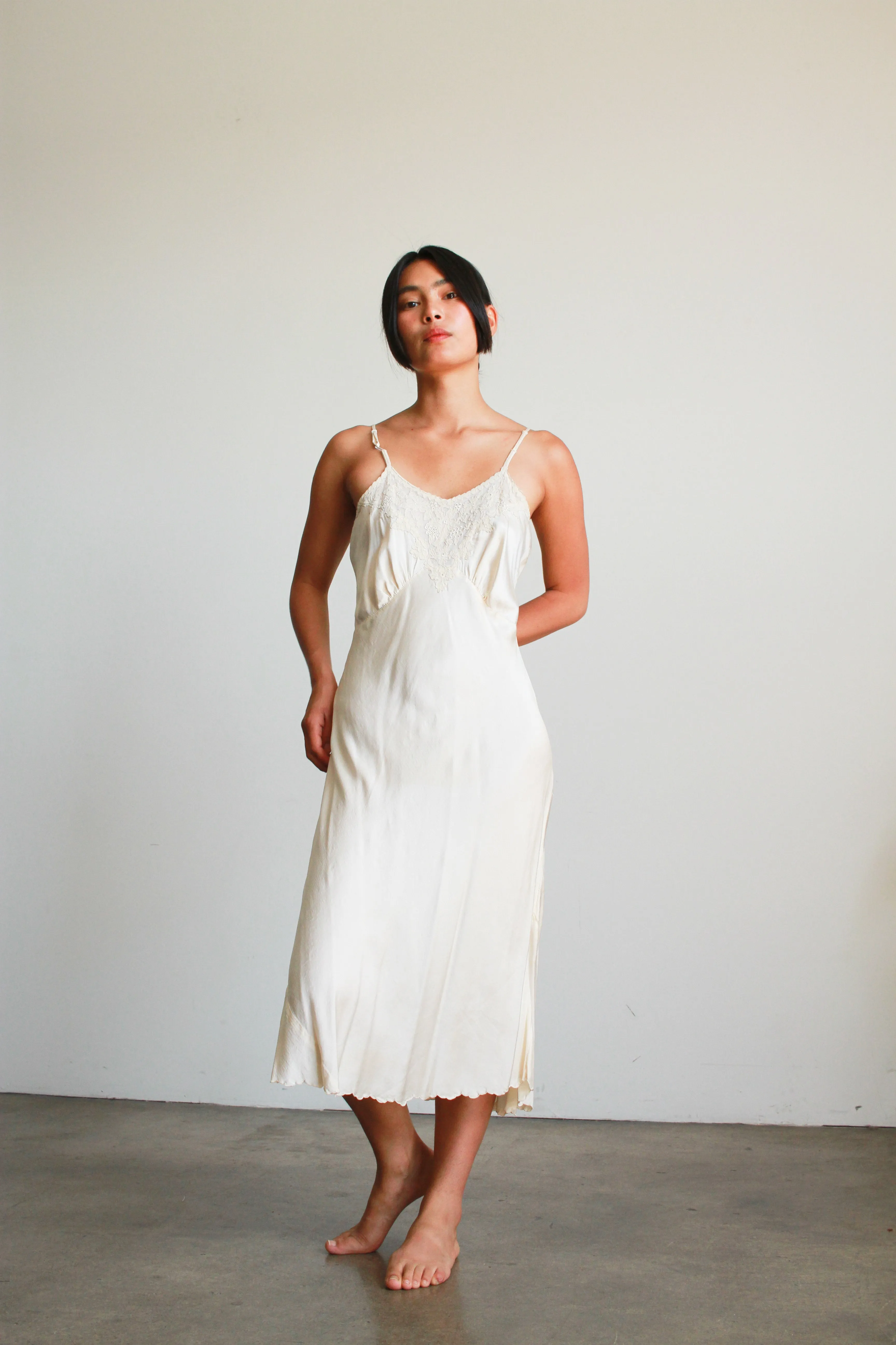 1930s Ecru Satin Embroidered Slip Dress