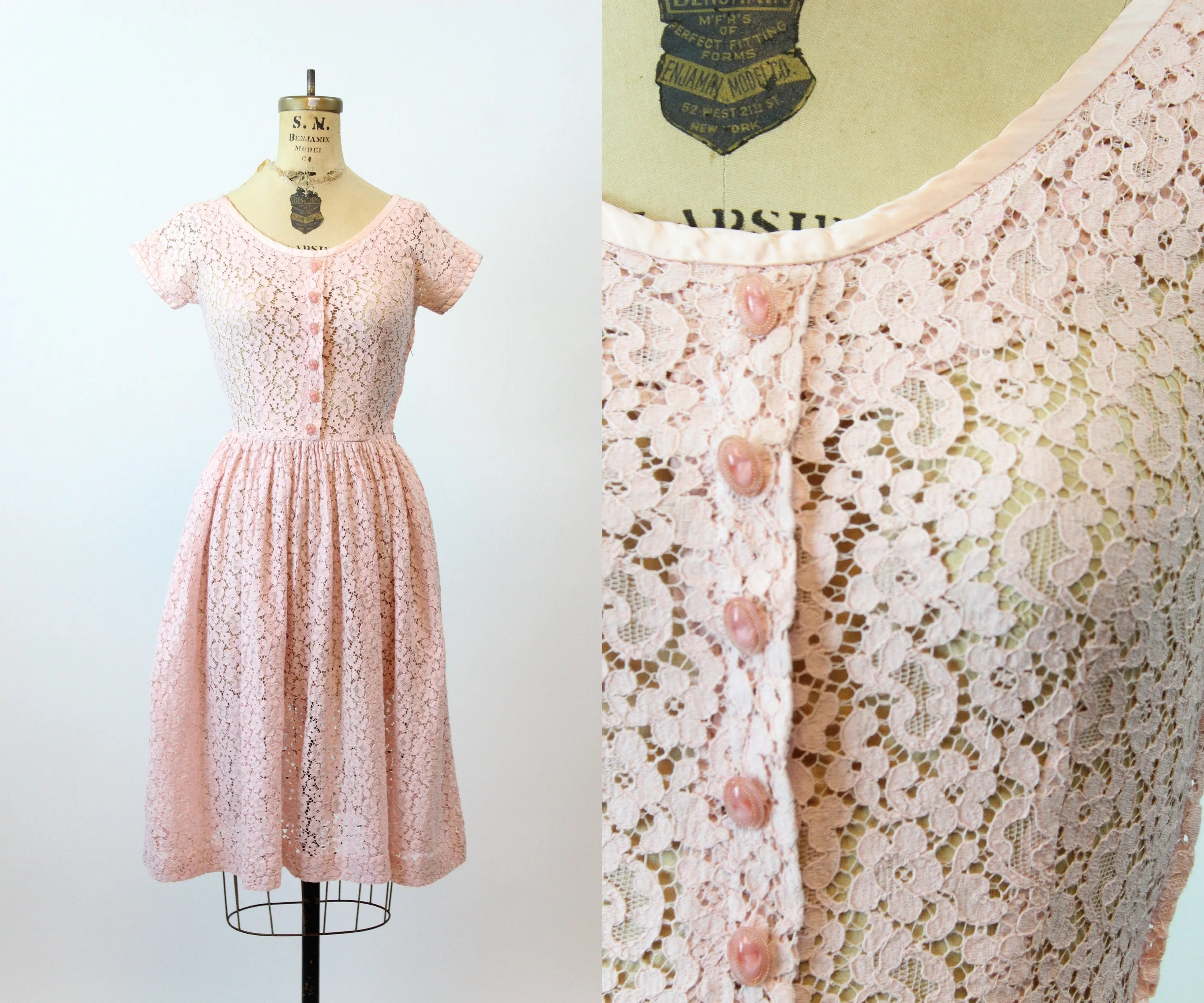 1950s BABY PINK cotton lace dress xs | new spring summer