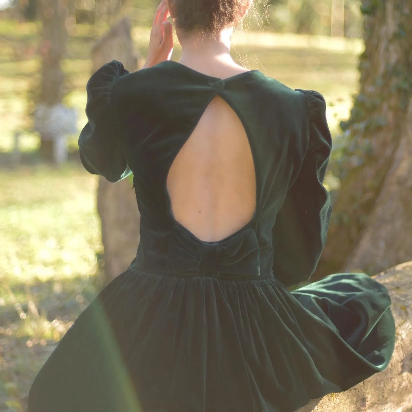 1980s Laura Ashley cotton velvet open back princess dress, 30” waist