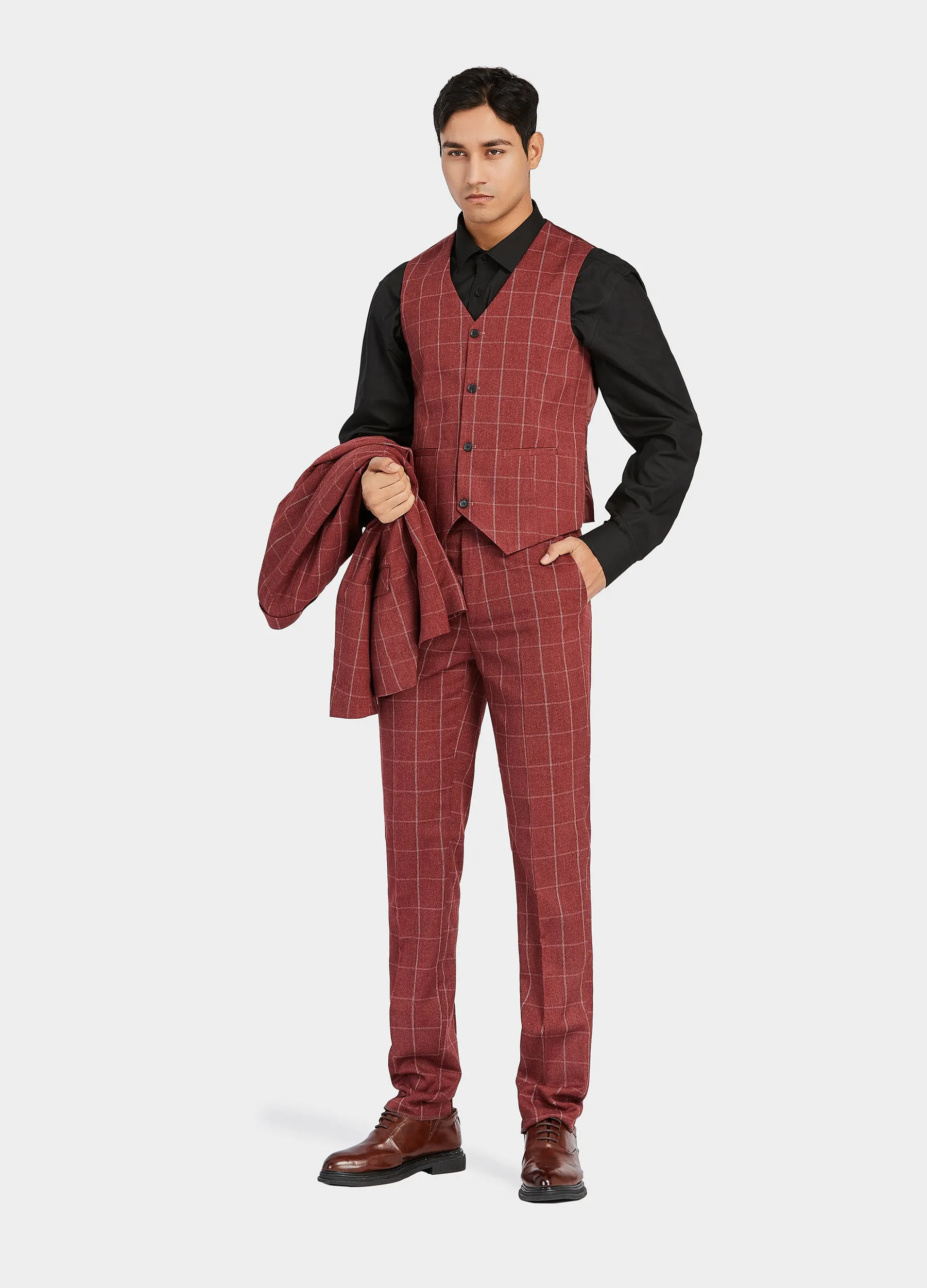 1PA1 Men's 3 Pieces Slim Fit Plaid Vested Suit, Wedding Tuxedo - Two Button Jacket, Vest & Pants