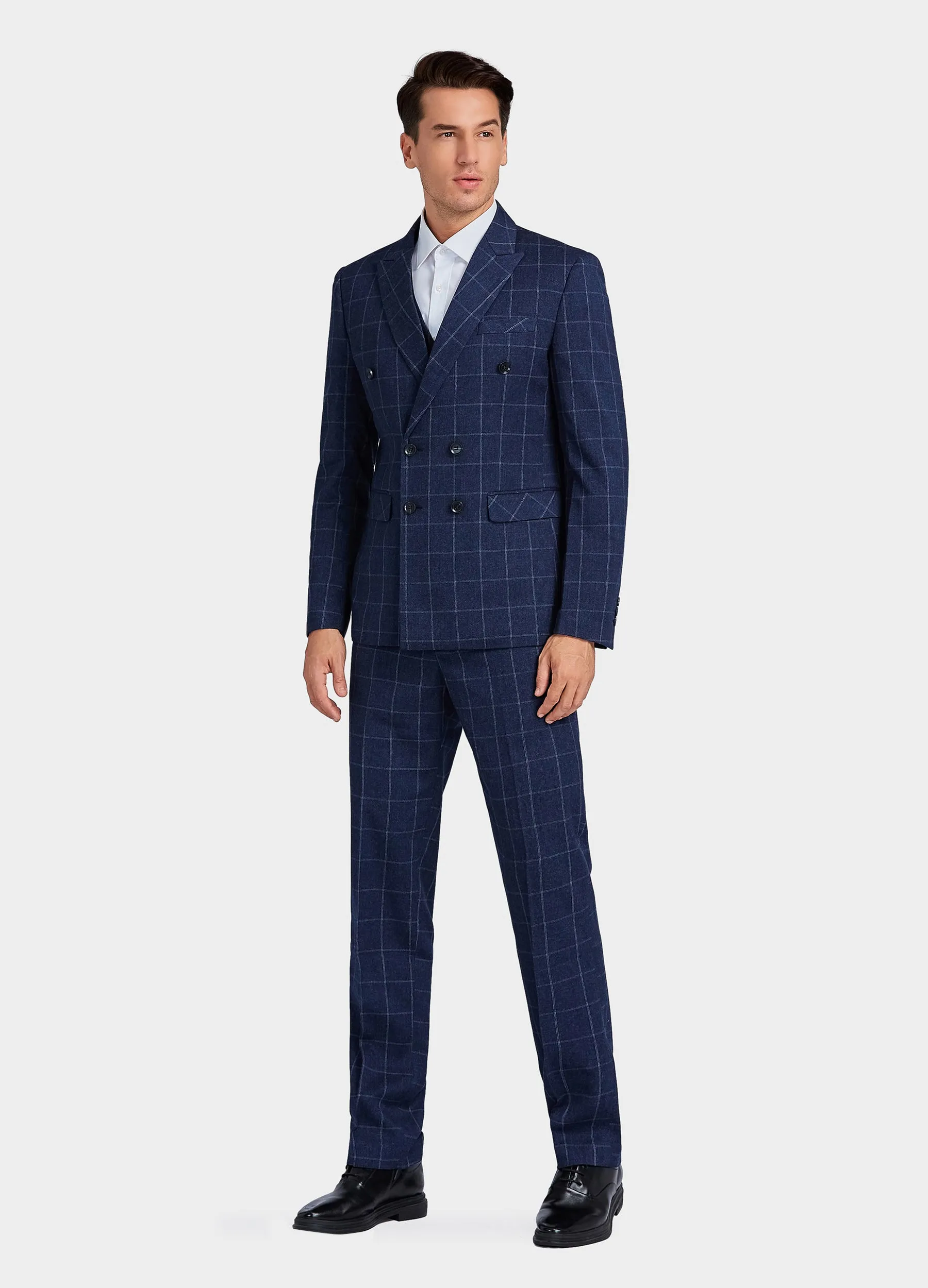 1PA1 Men's 3 Pieces Slim Fit Plaid Vested Suit, Wedding Tuxedo - Two Button Jacket, Vest & Pants