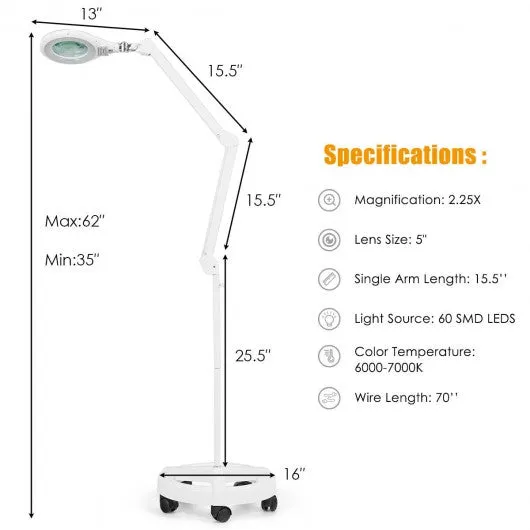 2-in-1 LED Magnifying Glass Floor Lamp with Rolling Wheel-White