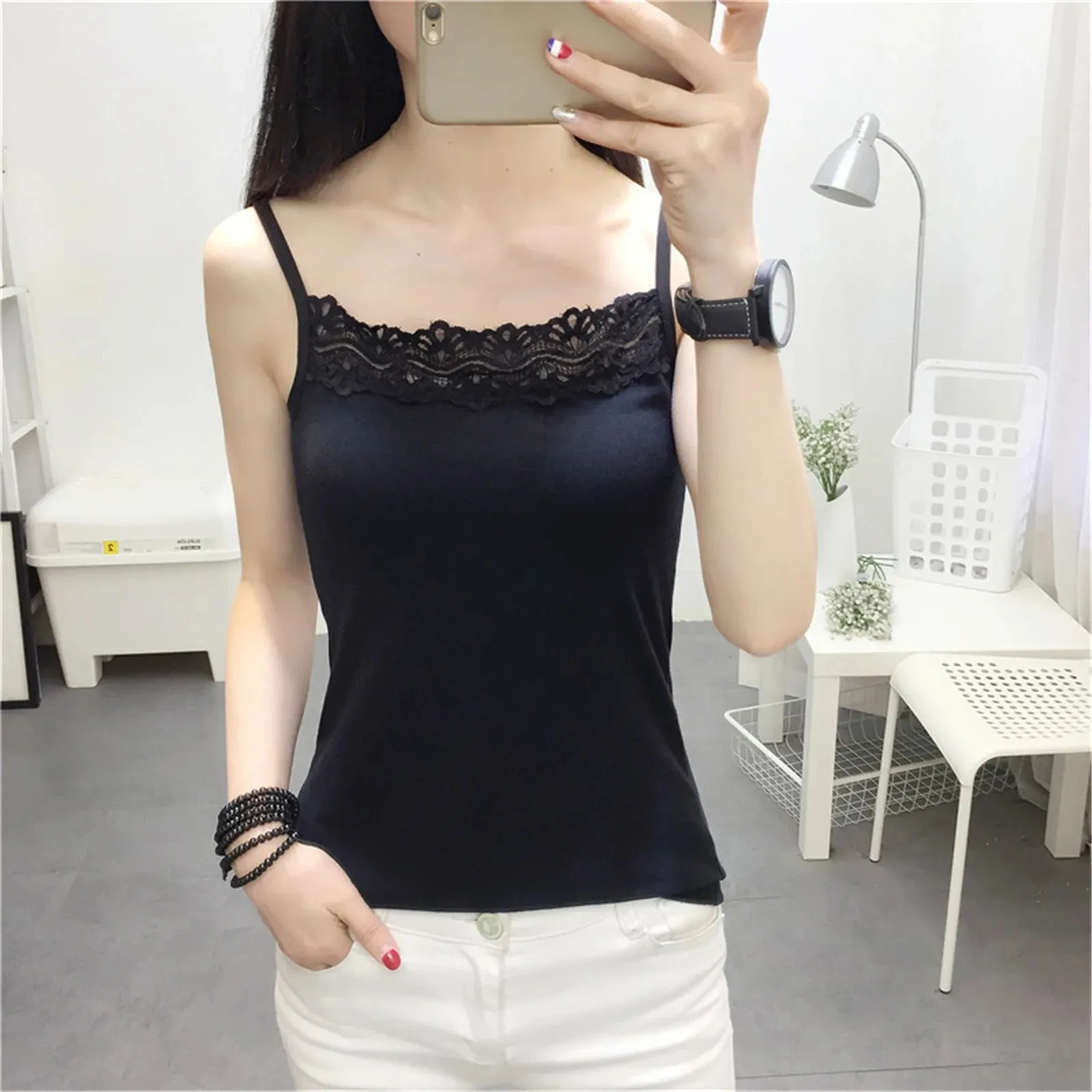 2022 Women's Spaghetti Strap Tank Tops Ladies Cami Top All-matching Lace Camisole Summer Camis Crop Tops Sport Sleeveless Tops