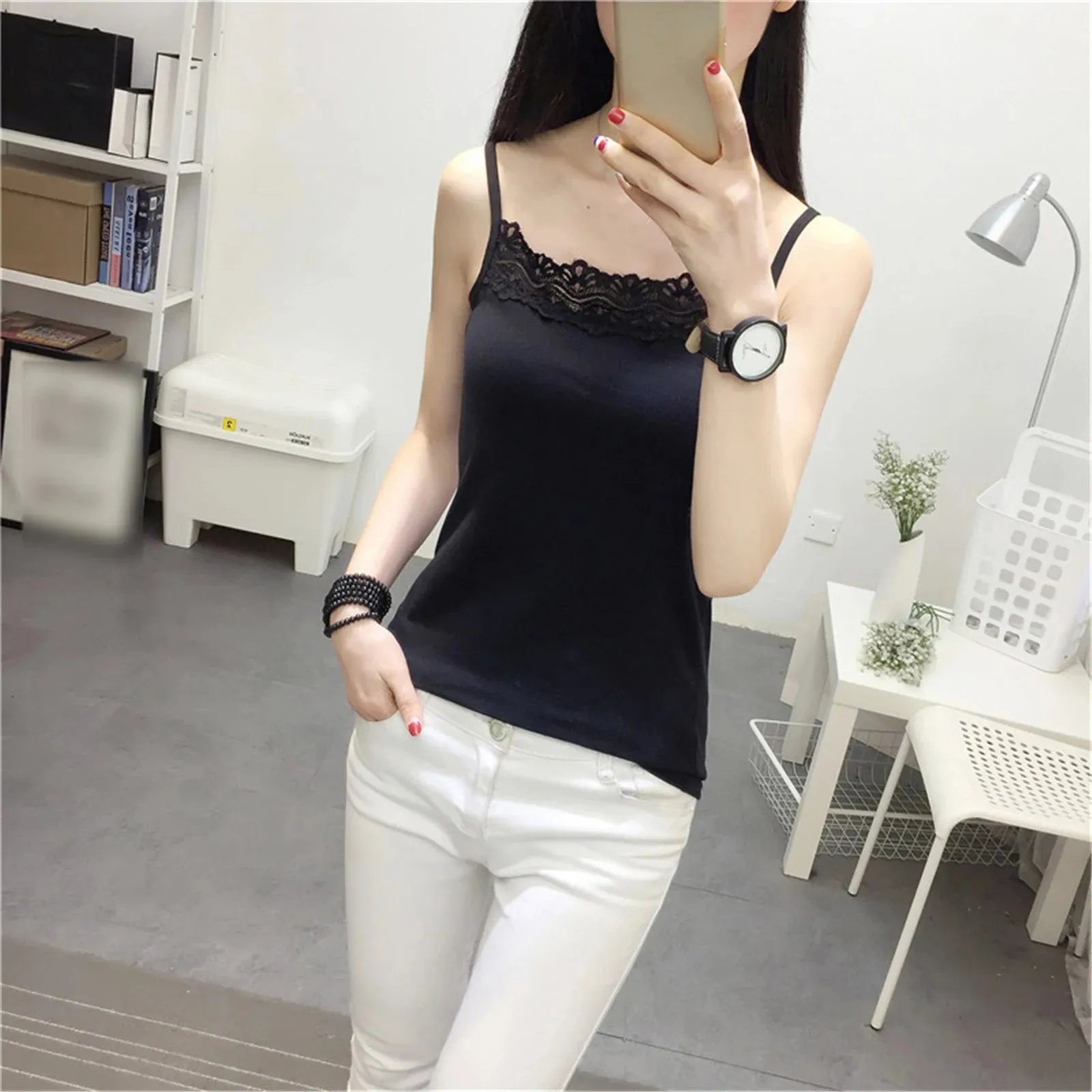 2022 Women's Spaghetti Strap Tank Tops Ladies Cami Top All-matching Lace Camisole Summer Camis Crop Tops Sport Sleeveless Tops