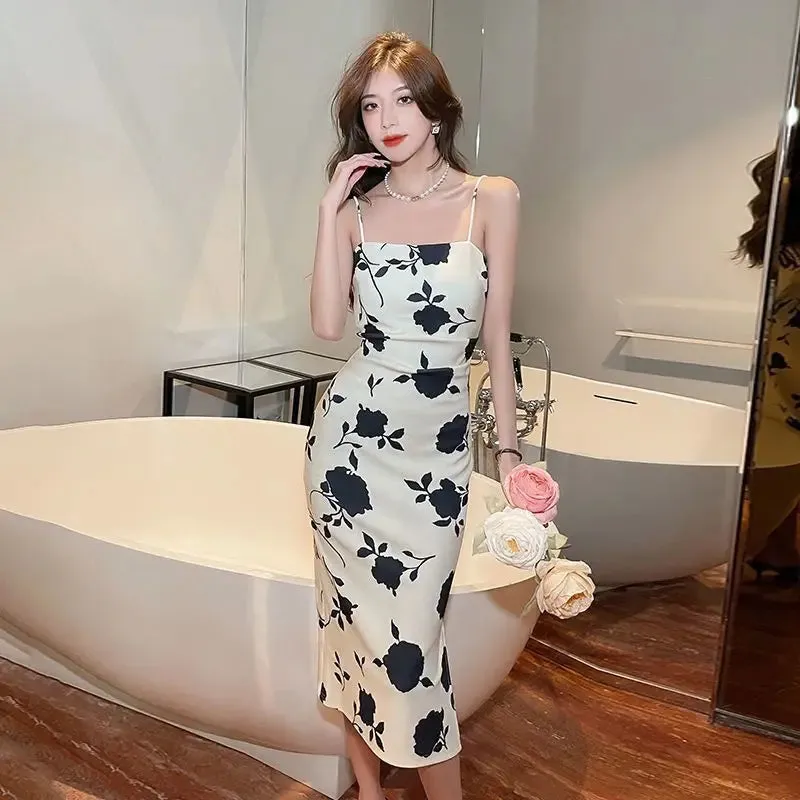 2024 New Summer French Vintage Chiffon Suspended Dress with Slim Fit and Slender Style Wrapped Hip Long Dress