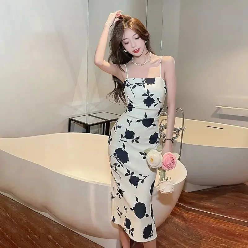 2024 New Summer French Vintage Chiffon Suspended Dress with Slim Fit and Slender Style Wrapped Hip Long Dress