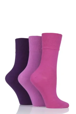 3 Pairs - Pink/Purple Mix - Ladies Gentle Grip Diabetic Socks Size 4-8