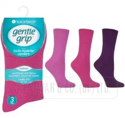 3 Pairs - Pink/Purple Mix - Ladies Gentle Grip Diabetic Socks Size 4-8