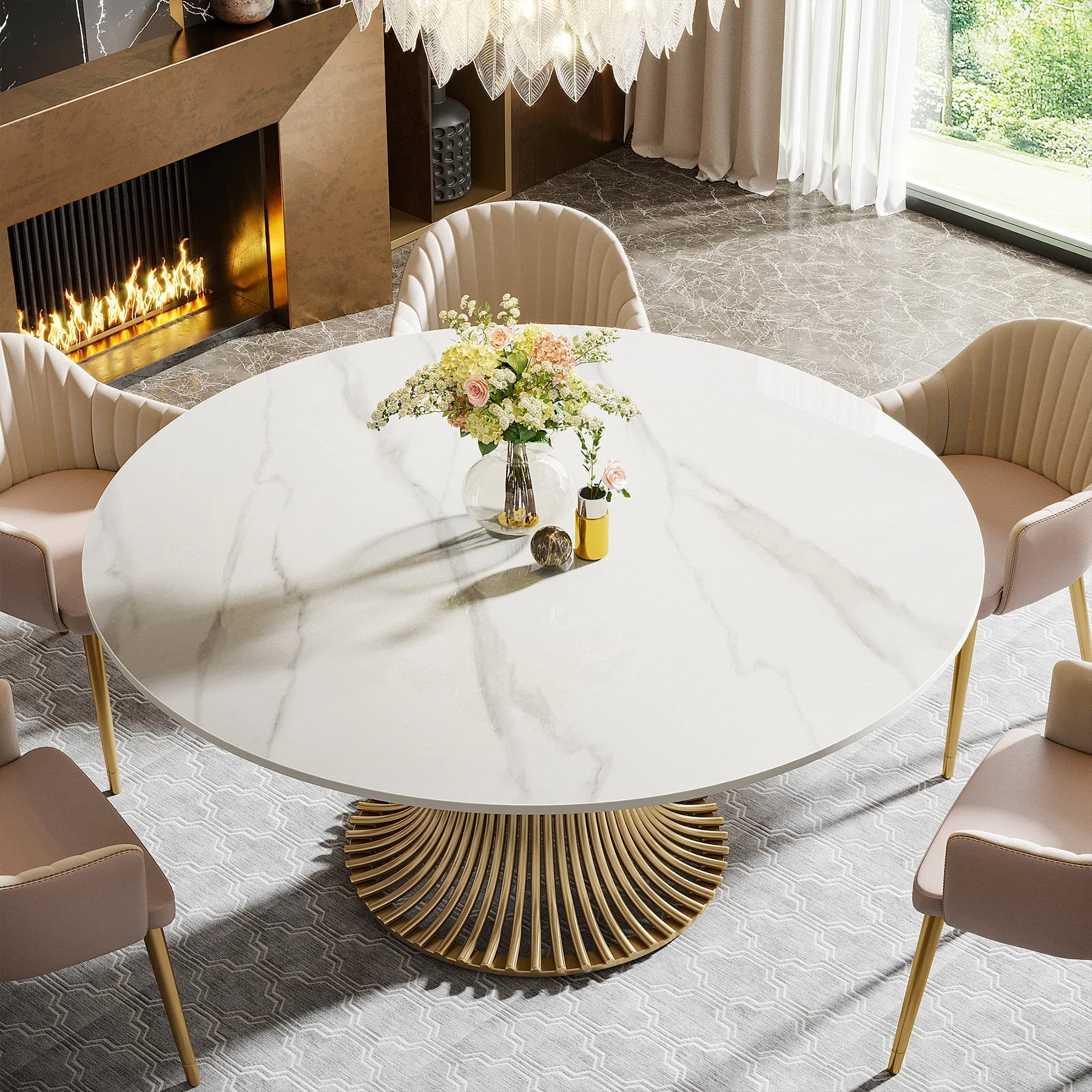 59" Sintered Stone Round Dining Table with Gold Stainless Steel Pedestal