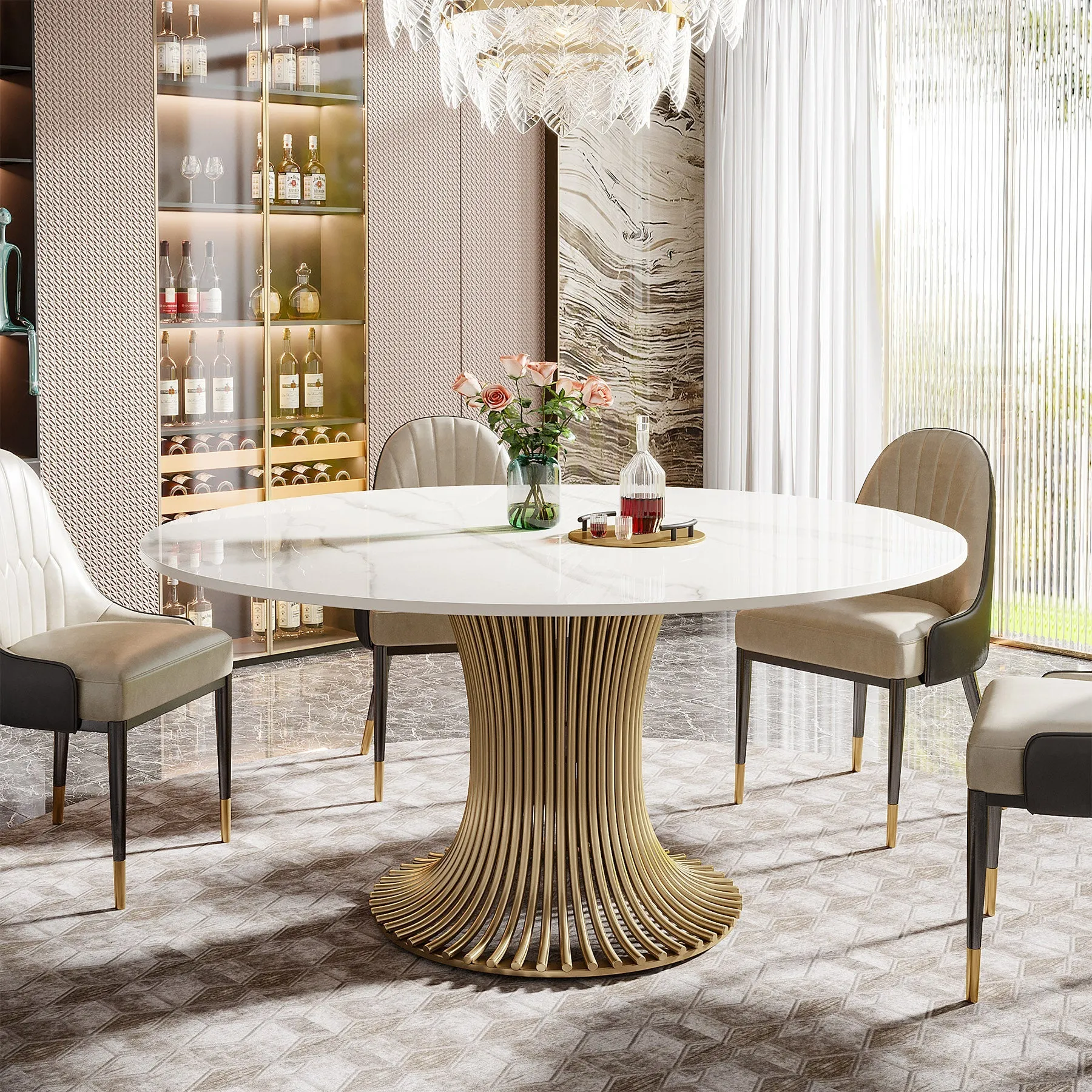 59" Sintered Stone Round Dining Table with Gold Stainless Steel Pedestal