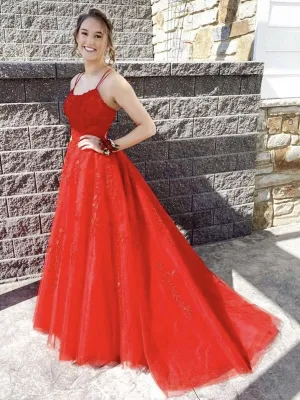 A Line Open Back Red Lace Long Prom, Red Lace Formal, Red Evening