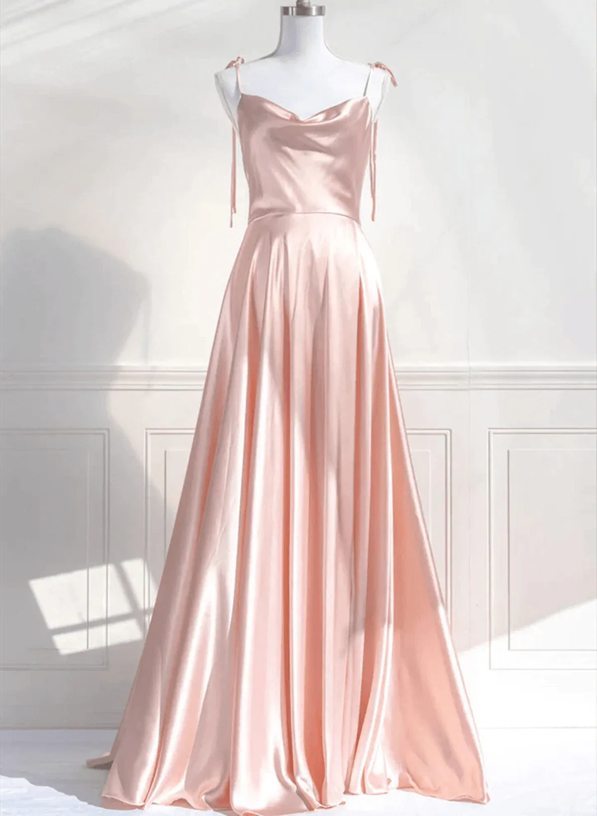 A-line Pink Satin Straps Sweetheart Prom Dress, Pink Satin Party Dress