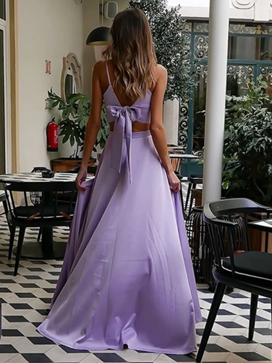 A Line V Neck Two Pieces Lilac Long Prom with High Slit, Lavender Formal, Lilac Evening