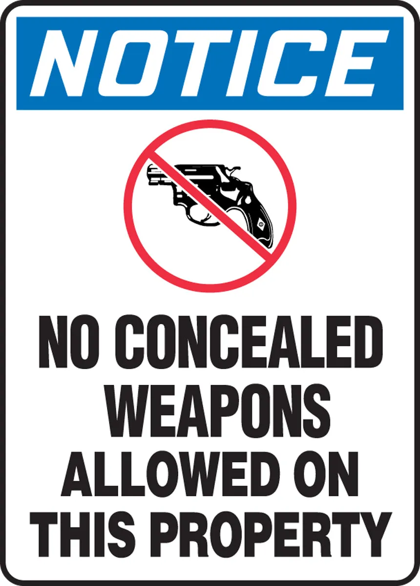 Accuform® 14" X 10" Red, Blue, Black And White Aluminum Safety Signs "NOTICE NO CONCEALED WEAPONS ALLOWED ON THIS PROPERTY"