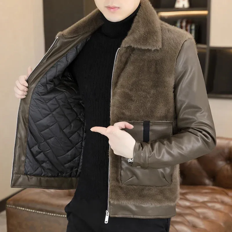 Aidase 2024 Autumn Winter Leather Fur Integrated Jackets Men Casual Business Thickened Warm Faux Fur Jacket Social Windproof Overcoat