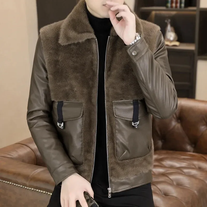 Aidase 2024 Autumn Winter Leather Fur Integrated Jackets Men Casual Business Thickened Warm Faux Fur Jacket Social Windproof Overcoat