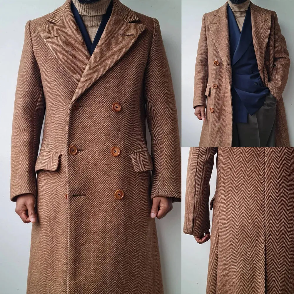 Aidase Men Long Coat Overcoat Herringbone Dark Brown Gentlemen Double Breasted Warm Woolen Blend Business Causal Daily Tailored