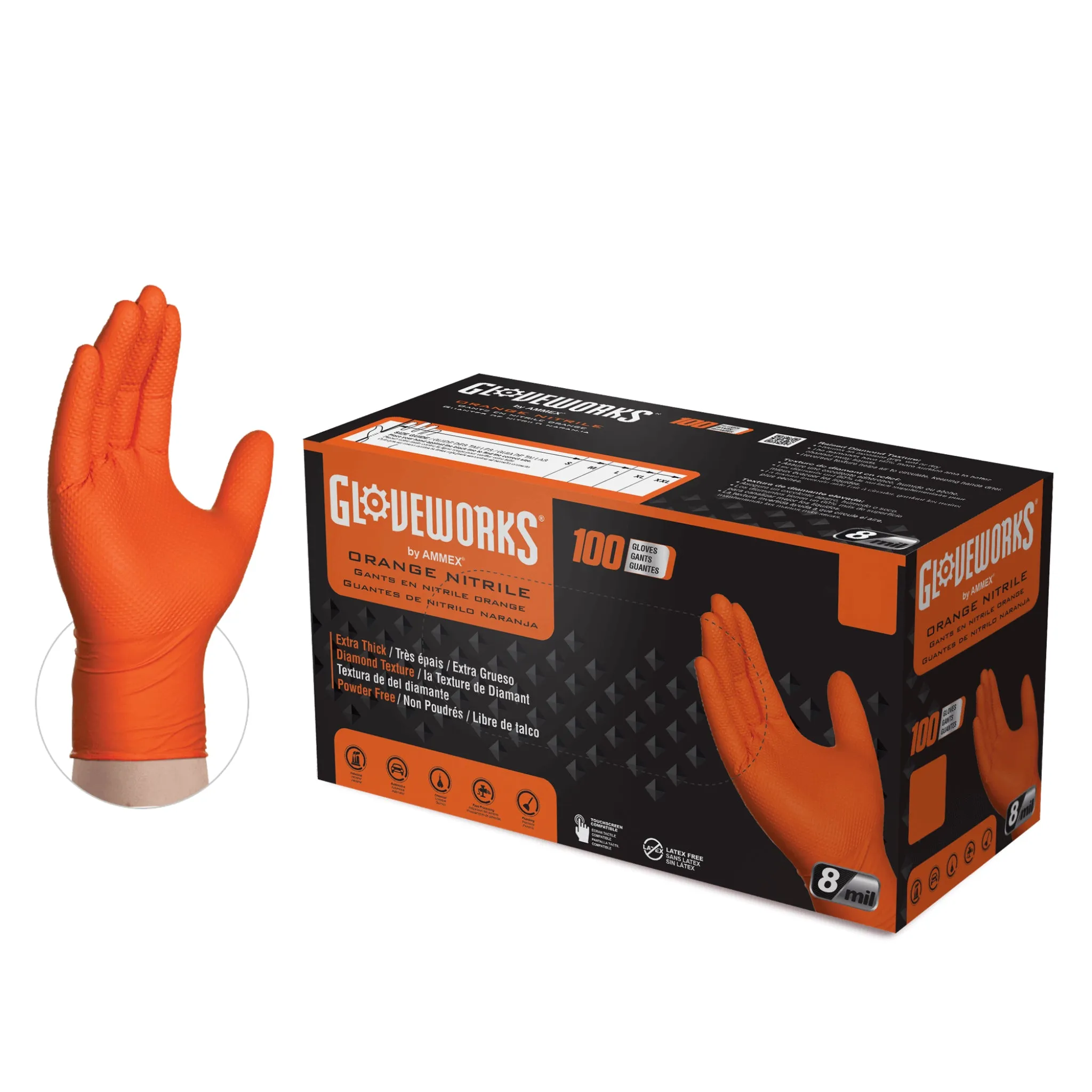 AMMEX Gloveworks GWON RDT Powder Free Industrial Nitrile Gloves, Orange, Box of 100, Case of 10