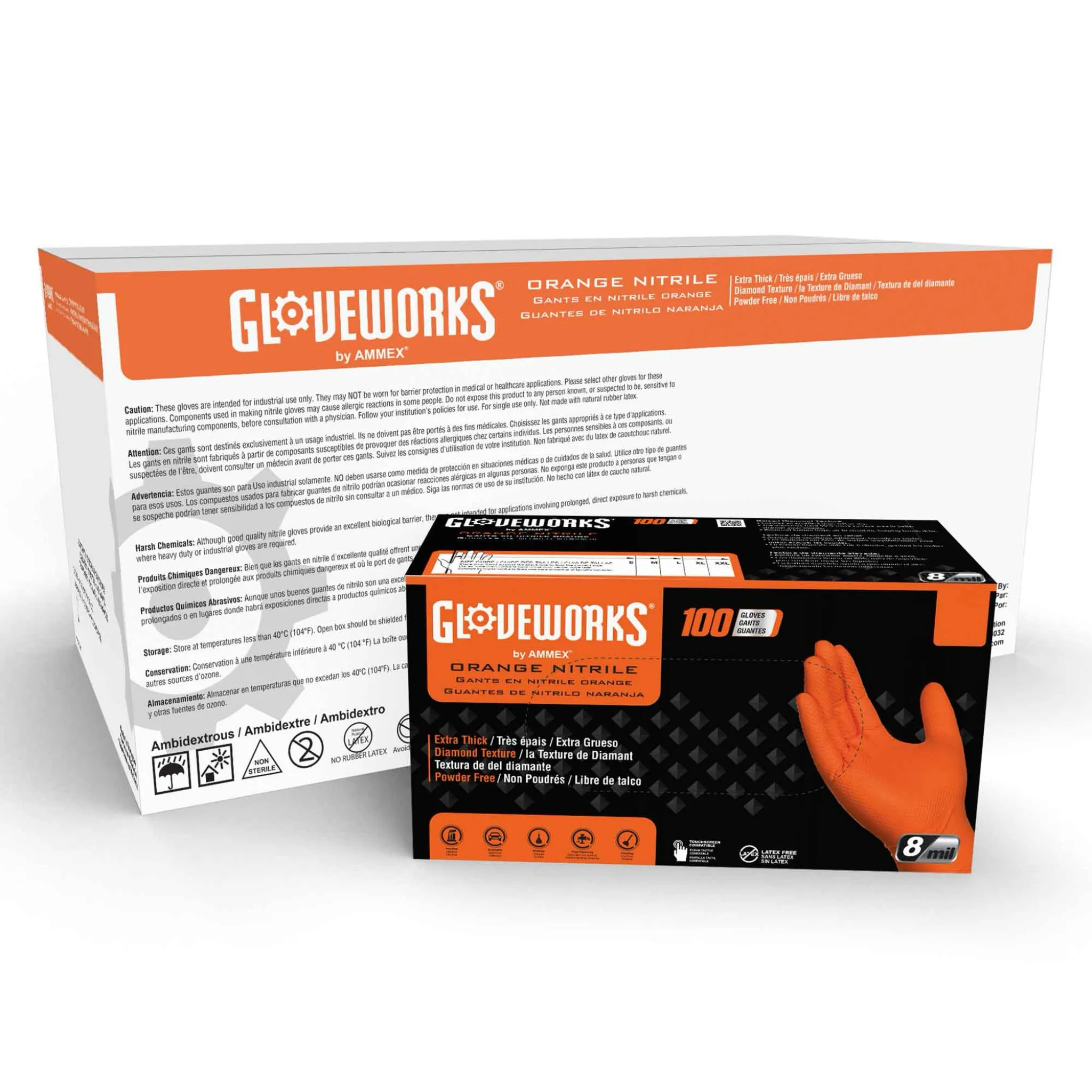 AMMEX Gloveworks GWON RDT Powder Free Industrial Nitrile Gloves, Orange, Box of 100, Case of 10