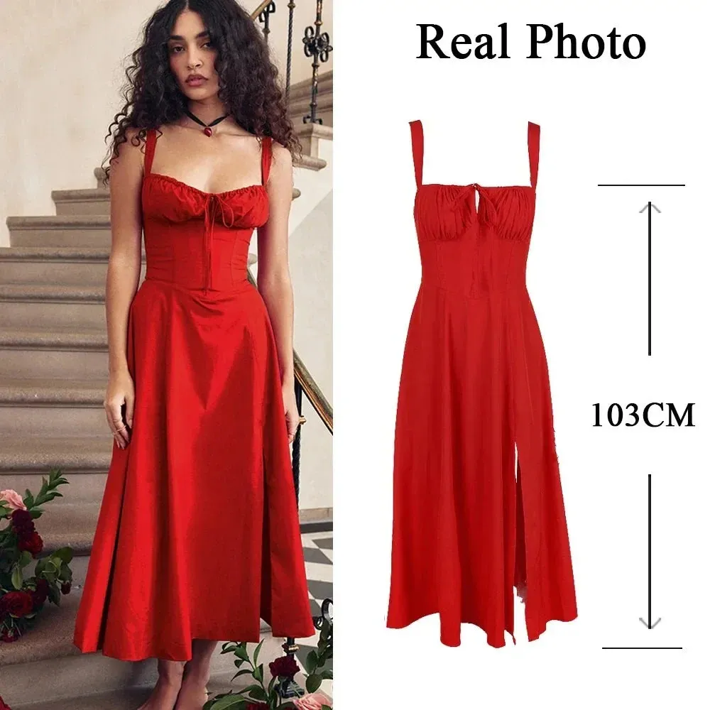 Amozae Full Lining Elegant Lace Up Holiday Party Dresses Midi Sexy Spaghetti Strap Split Dress White Summer Dress Women 2023