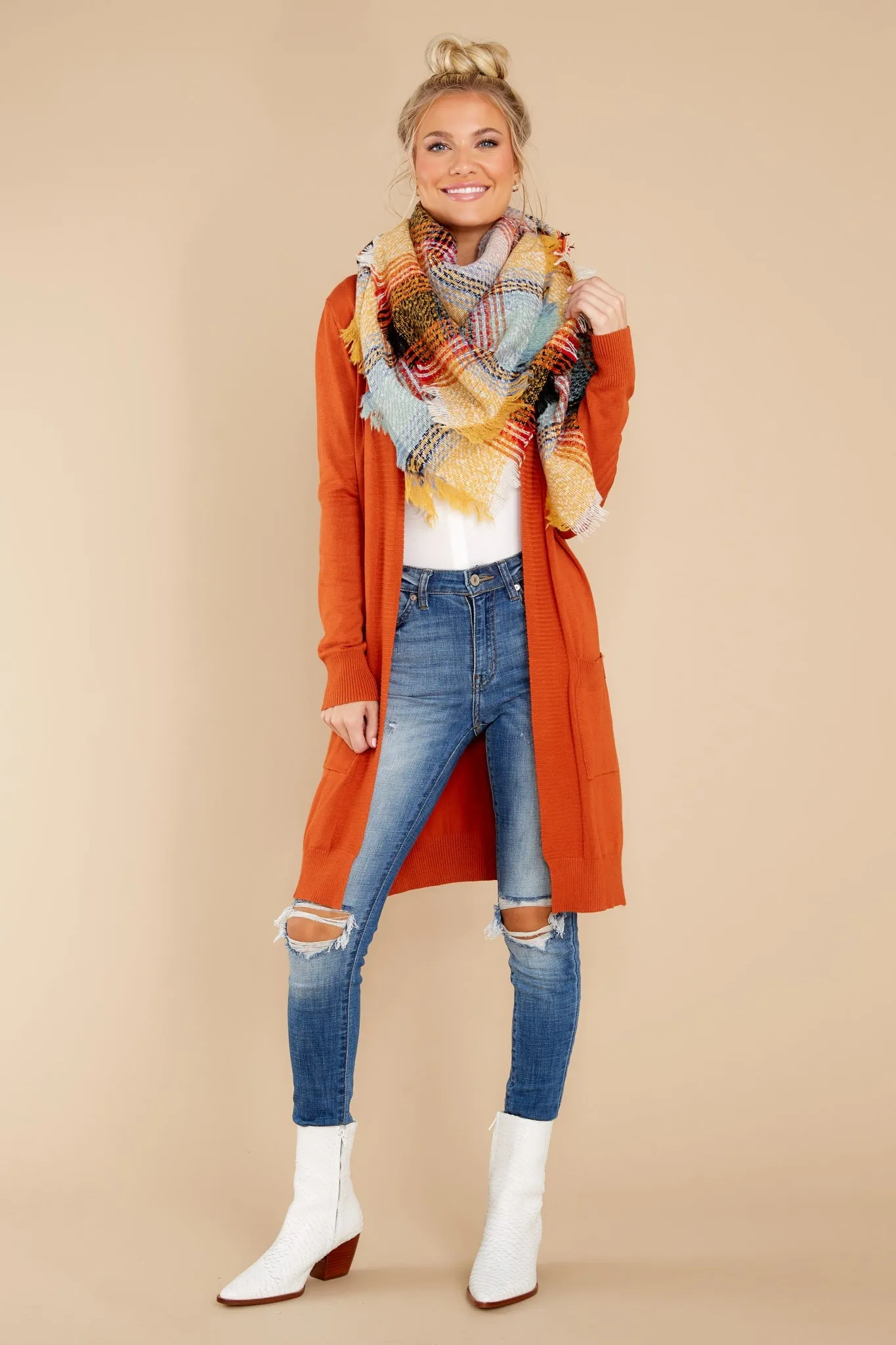 Anticipating This Moment Rust Orange Cardigan