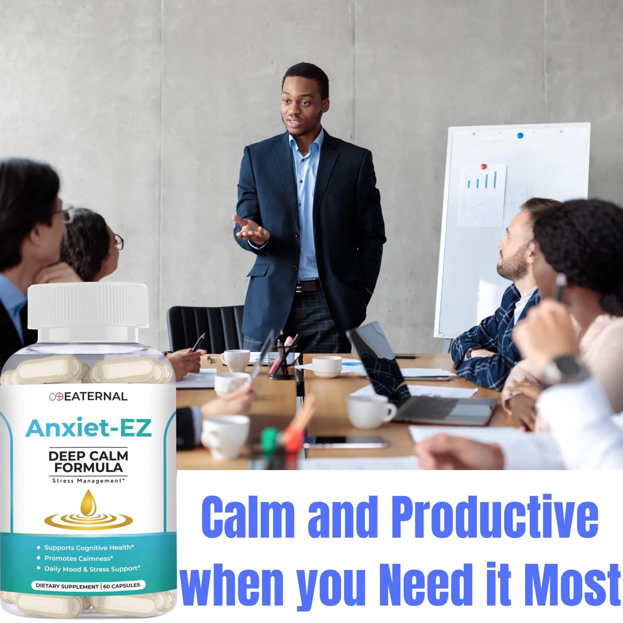 Anxiet-EZ | Stress, Mood, & Calmness Support with Ashwagandha, Rhodiola, Lemon Balm, Vitamin B, L-Theanine, Chamomile, GABA, St. John's Wort | Natural, Vegan Formula with Mood Support | 60ct