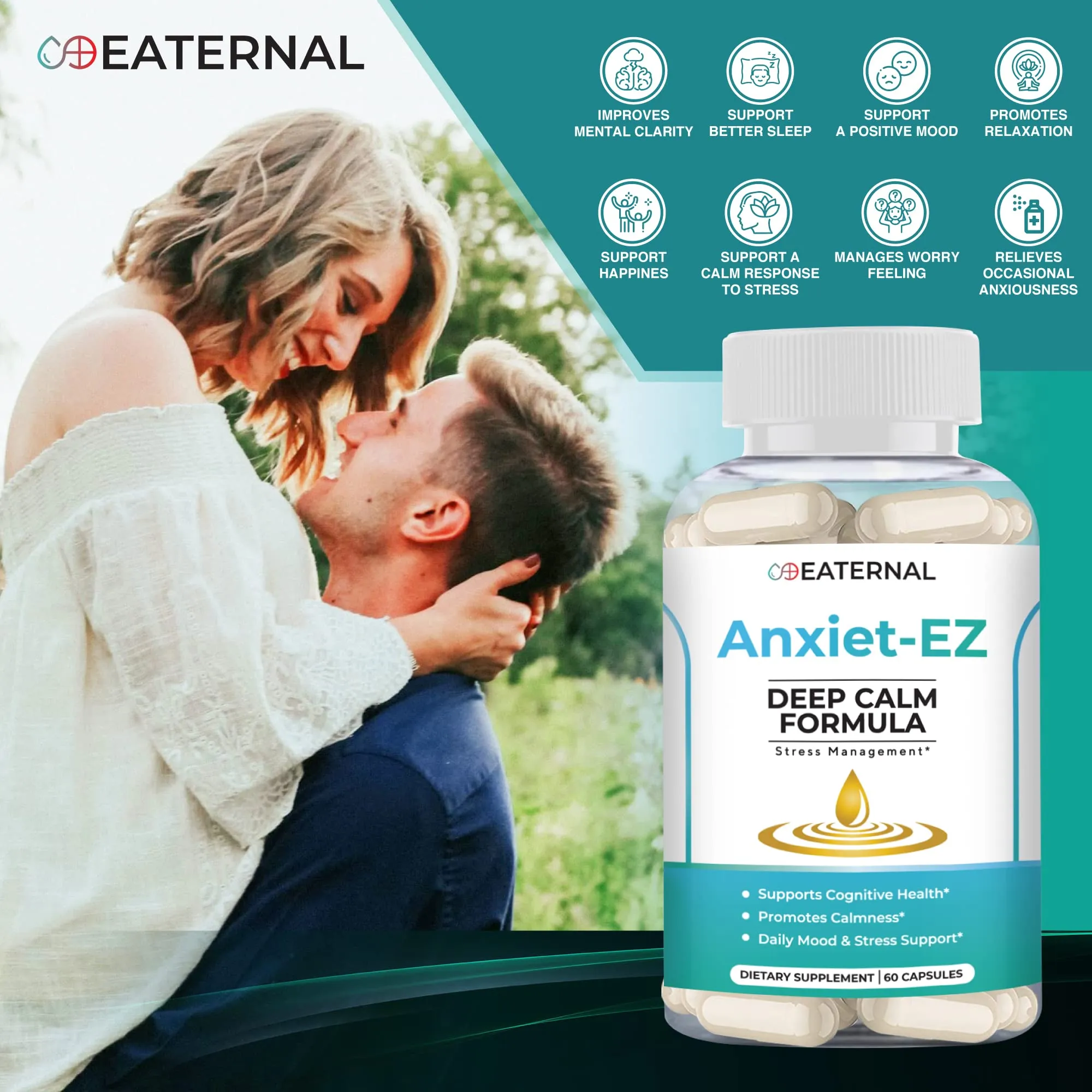 Anxiet-EZ | Stress, Mood, & Calmness Support with Ashwagandha, Rhodiola, Lemon Balm, Vitamin B, L-Theanine, Chamomile, GABA, St. John's Wort | Natural, Vegan Formula with Mood Support | 60ct