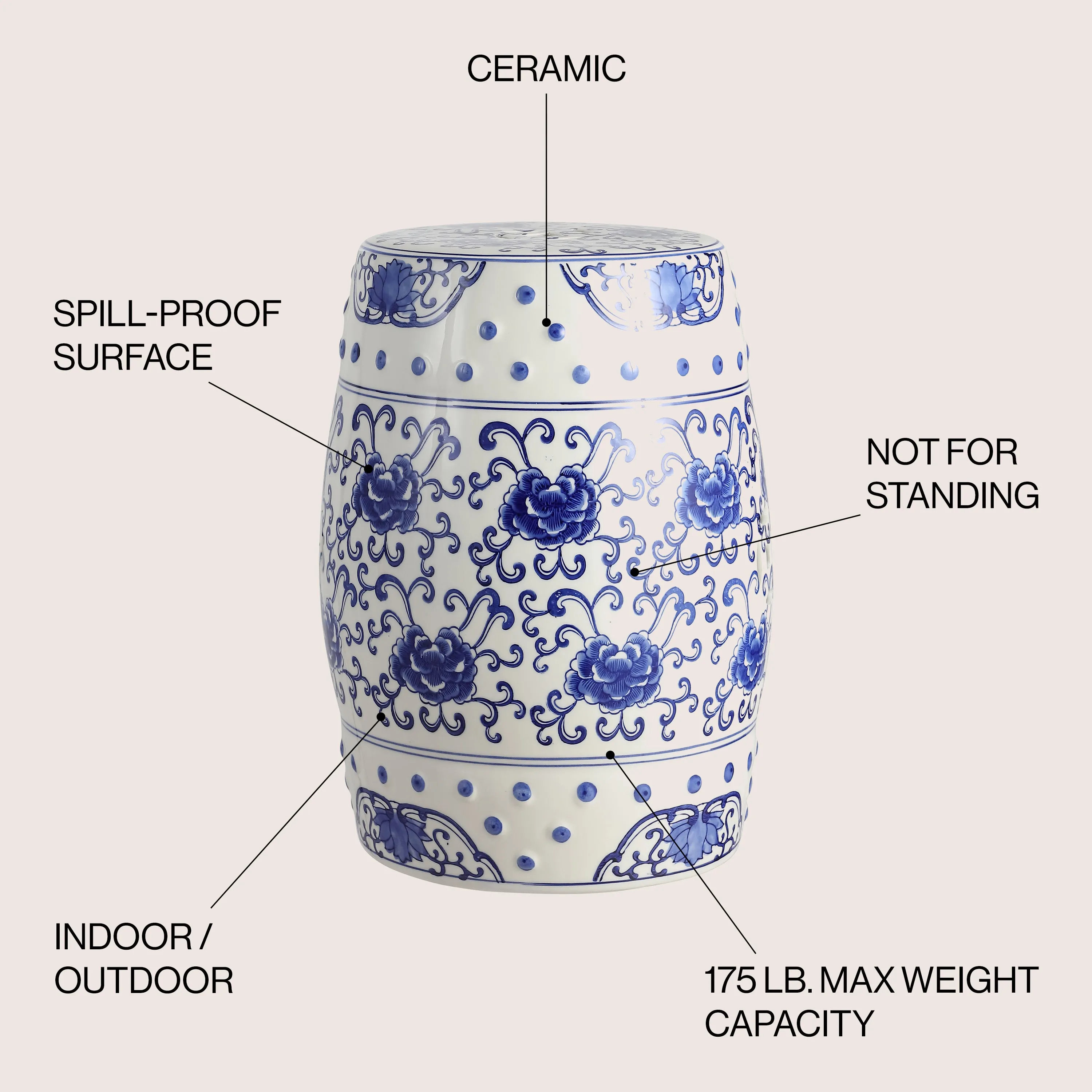 Aotus Flower 17.8" Chinoiserie Ceramic Drum Garden Stool