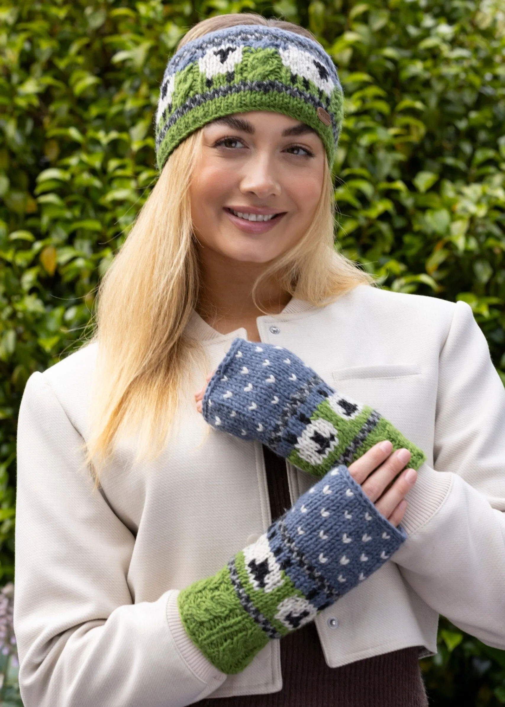 Aran Sheep Handwarmers | Blue & Green