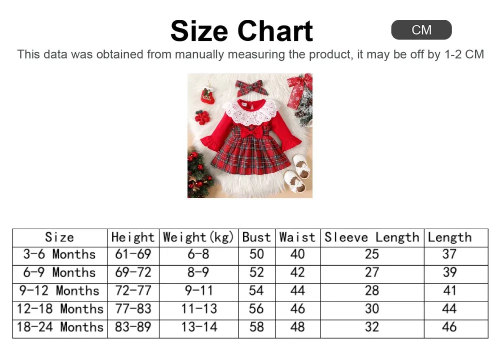 Baby Girl 95% Cotton Long-sleeve Spliced Plaid Bow Front Ruffle Collar Dress with Headband Set Comfortable 2pcs