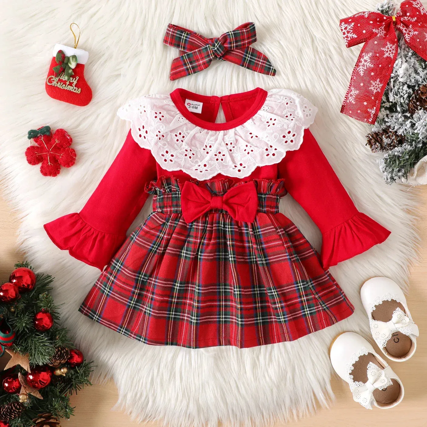 Baby Girl 95% Cotton Long-sleeve Spliced Plaid Bow Front Ruffle Collar Dress with Headband Set Comfortable 2pcs