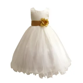 Baby Girls Ivory Gold Sash Satin Tulle 3 Layer Flower Girl Dress 12-24M