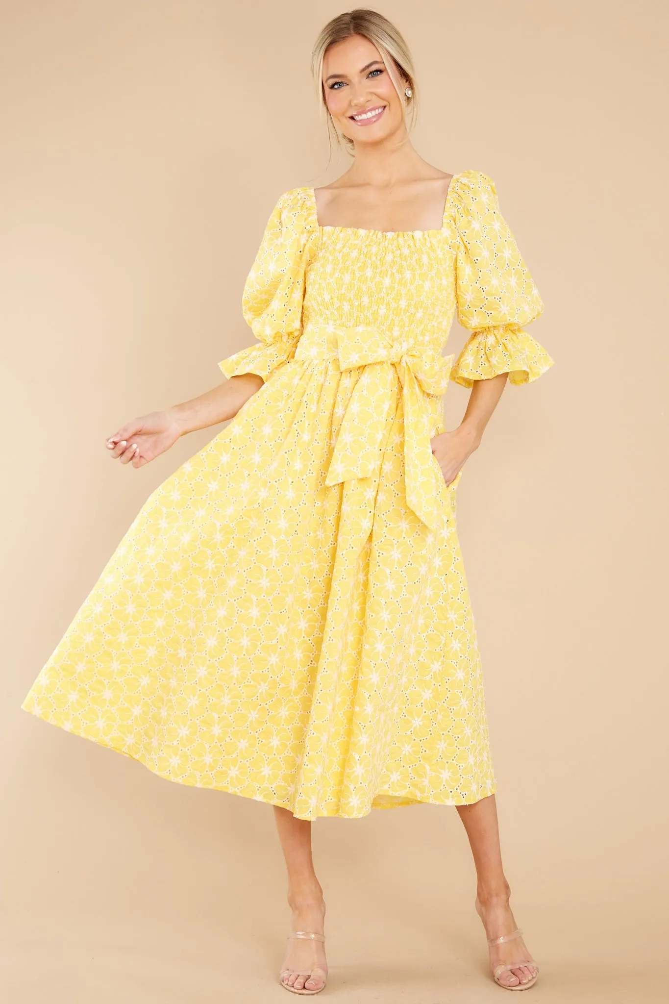 Beautiful Glow Yellow Floral Eyelet Dress