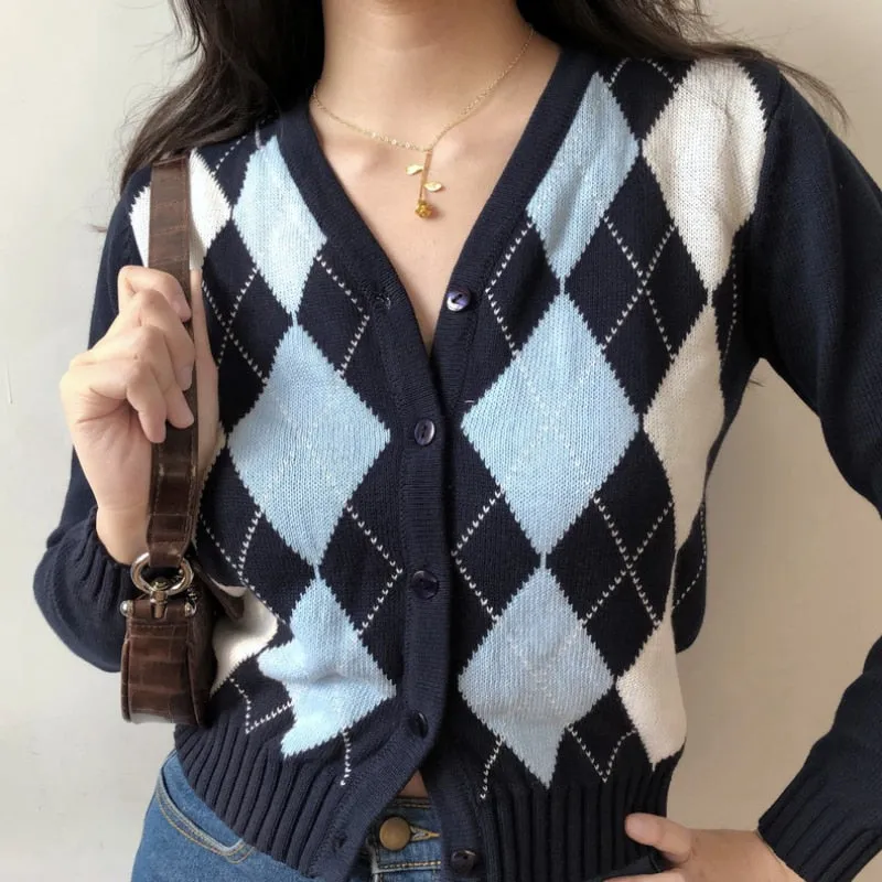 Black Argyle Women Cardigan Sweater Fashion Button V Neck Long Sleeve Knitted Plaid Sweater Street Wear Female Thin Jacket