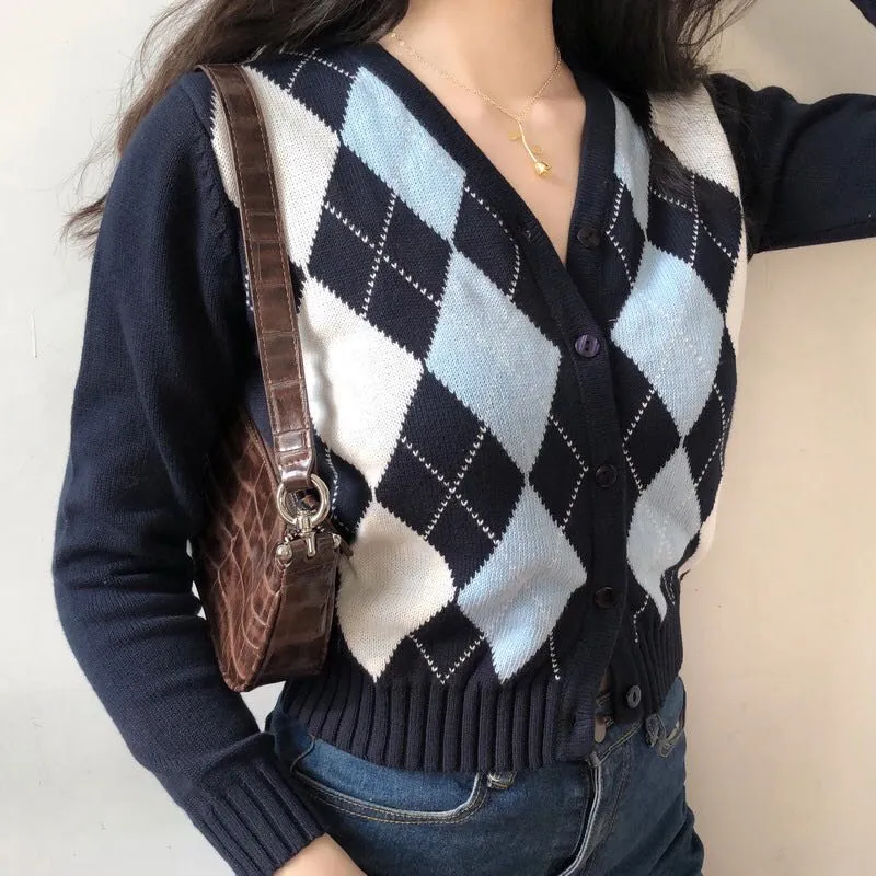 Black Argyle Women Cardigan Sweater Fashion Button V Neck Long Sleeve Knitted Plaid Sweater Street Wear Female Thin Jacket