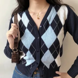 Black Argyle Women Cardigan Sweater Fashion Button V Neck Long Sleeve Knitted Plaid Sweater Street Wear Female Thin Jacket