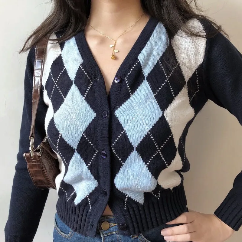 Black Argyle Women Cardigan Sweater Fashion Button V Neck Long Sleeve Knitted Plaid Sweater Street Wear Female Thin Jacket