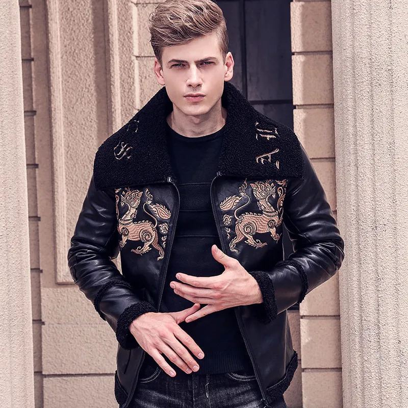 Black Broad Collar with Animal Pattern Embroidery Men Pu Leather Jacket