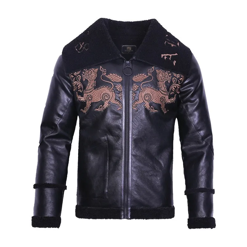 Black Broad Collar with Animal Pattern Embroidery Men Pu Leather Jacket