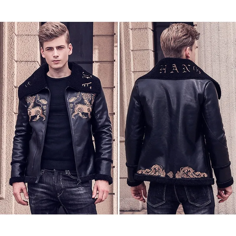 Black Broad Collar with Animal Pattern Embroidery Men Pu Leather Jacket