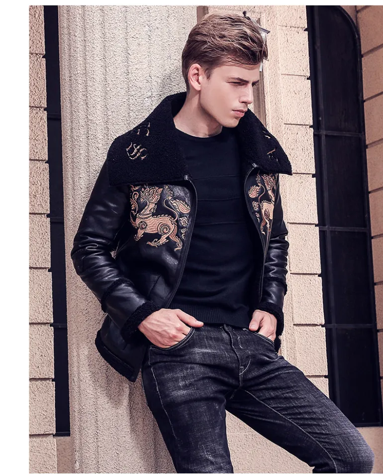 Black Broad Collar with Animal Pattern Embroidery Men Pu Leather Jacket