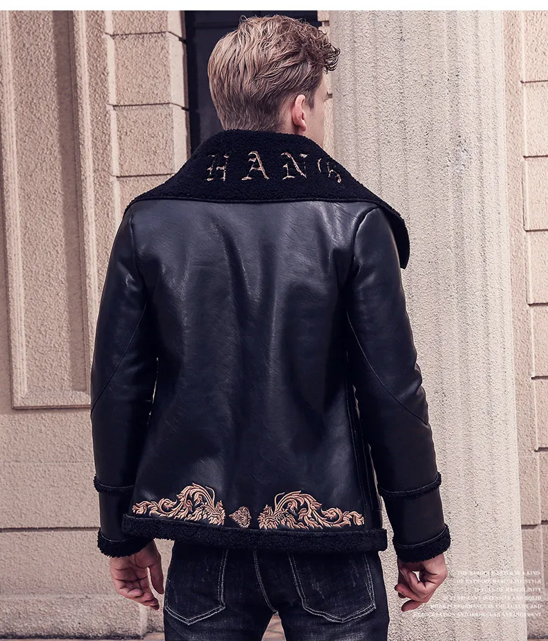 Black Broad Collar with Animal Pattern Embroidery Men Pu Leather Jacket