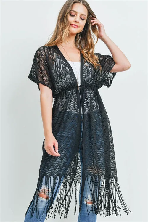 Black Lace Overlay Bohemain Cardigan with Fringe