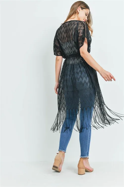 Black Lace Overlay Bohemain Cardigan with Fringe