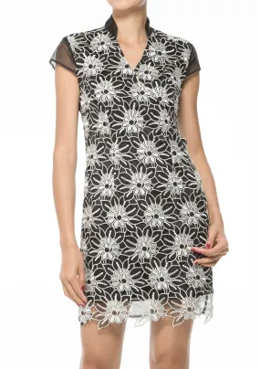 BLACK SEE THROUGH QIPAO WITH All OVER FLORAL LACE FRONT LAYER