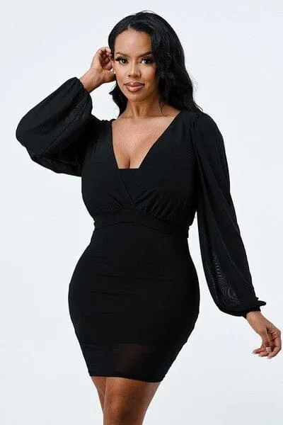 Black Sexy Long Sleeve V Neck Bodycon Mini Party Cocktail Dress_