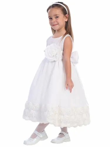 Blossom White Tulle Dress w/ Floral Ribbon Edge & Detachable Sash & Flower