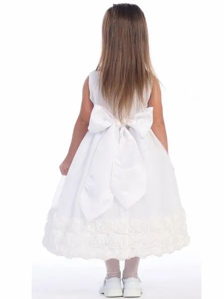 Blossom White Tulle Dress w/ Floral Ribbon Edge & Detachable Sash & Flower