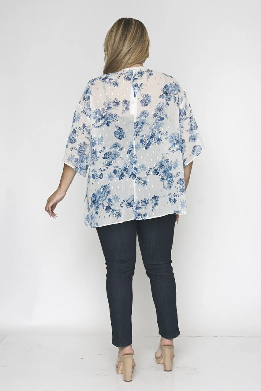 Blue and White Floral Kimono Cardigan