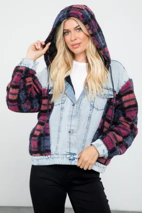 Blue Snow Multi Plus Size Hooded Denim Sherpa Contrast Jacket